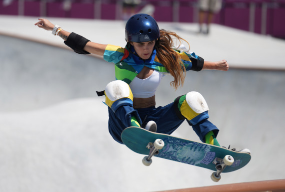 Yndiara Asp of Brazil competes during women's park final of skateboarding at the Tokyo 2020 Olympic Games in Tokyo, Japan, Aug. 4, 2021.
