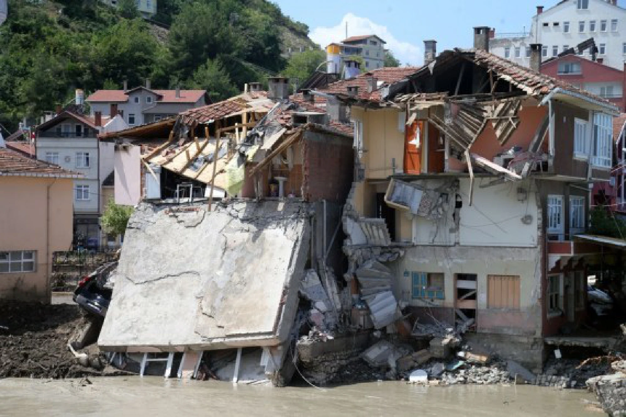 Photo taken on Aug. 14, 2021 shows a damaged house in the flood-hit area in the town of Abana, Kastamonu province, Turkey. 
