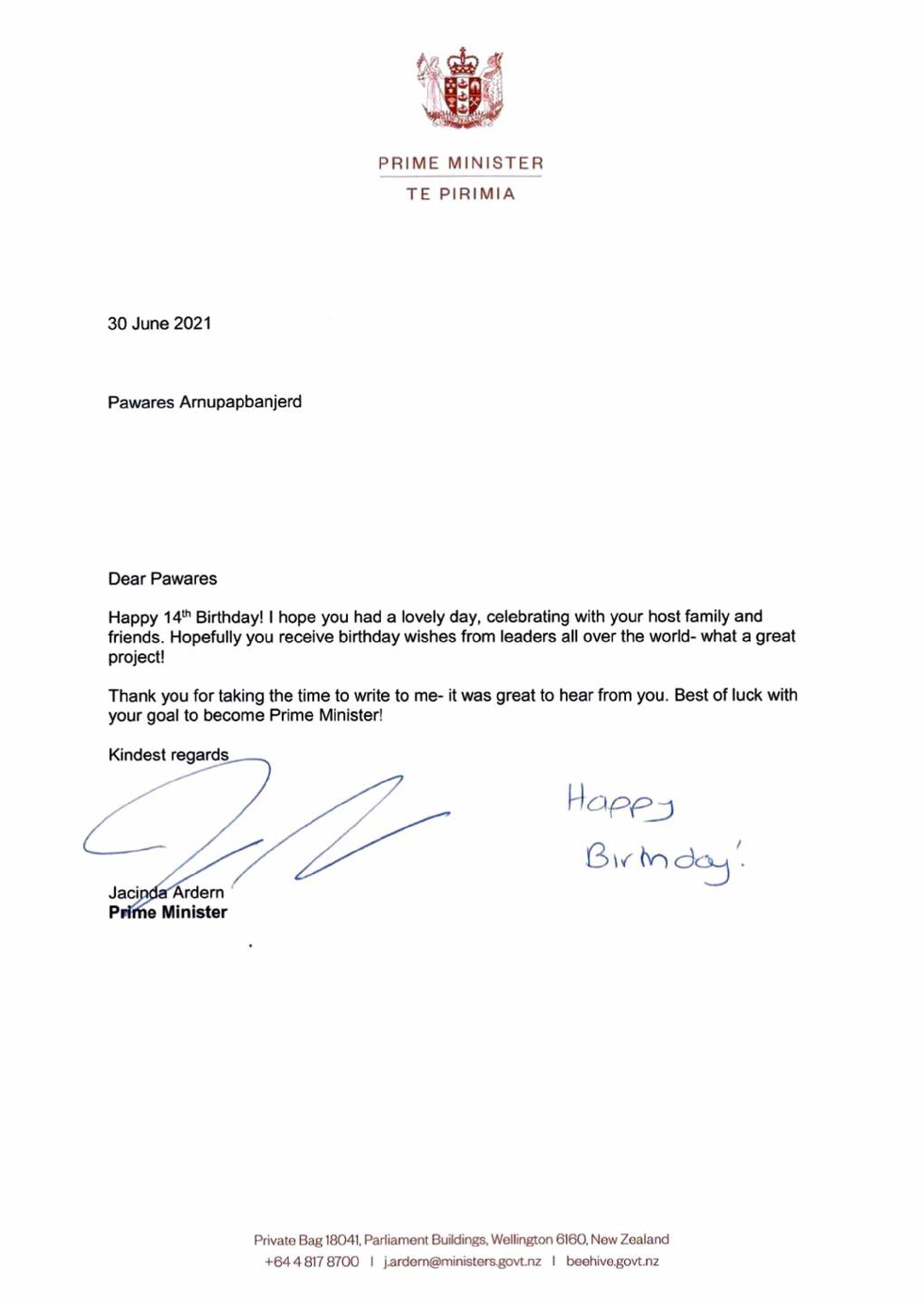 New Zealand PM makes 14th birthday special for Thai boy