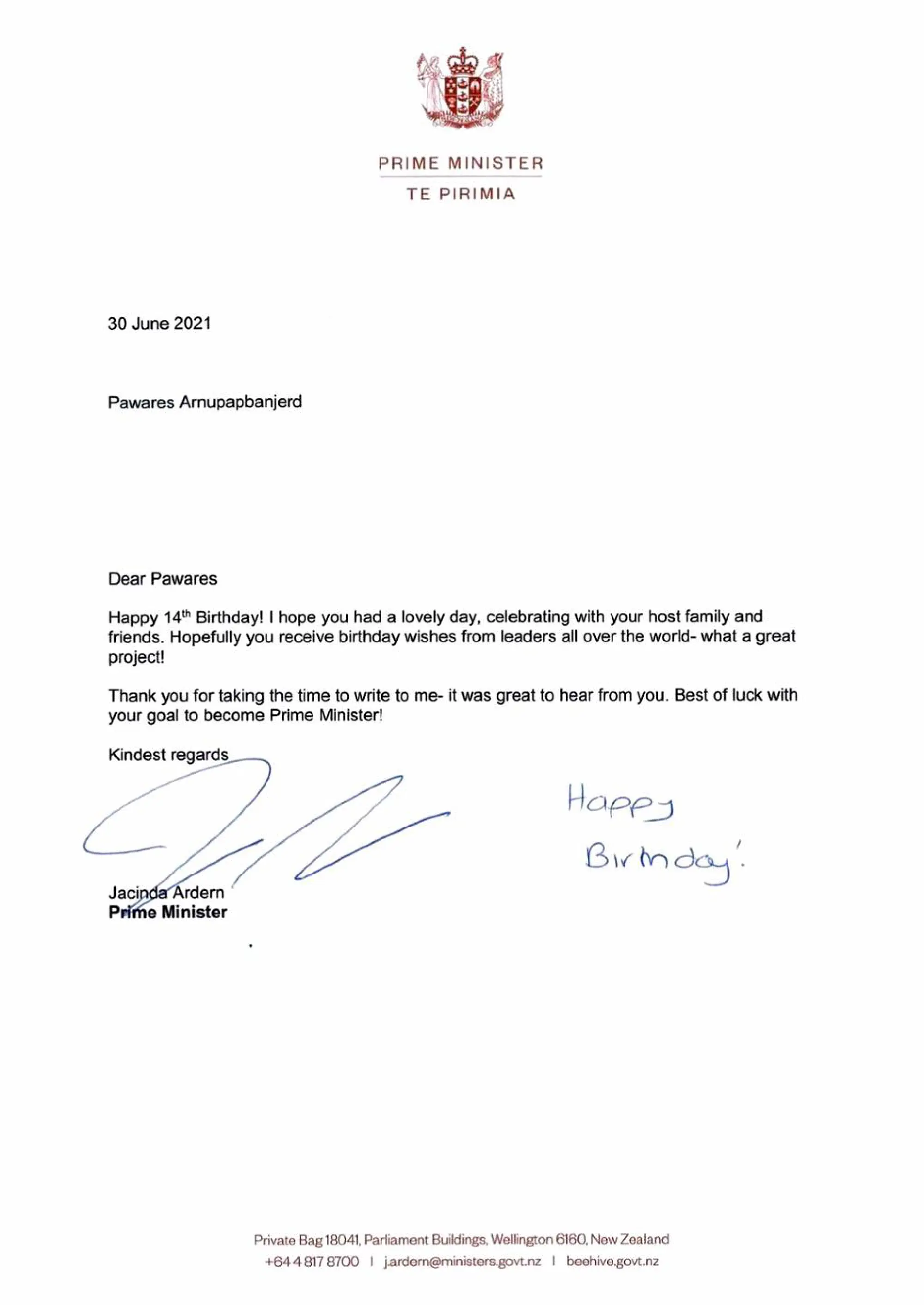 New Zealand PM makes 14th birthday special for Thai boy