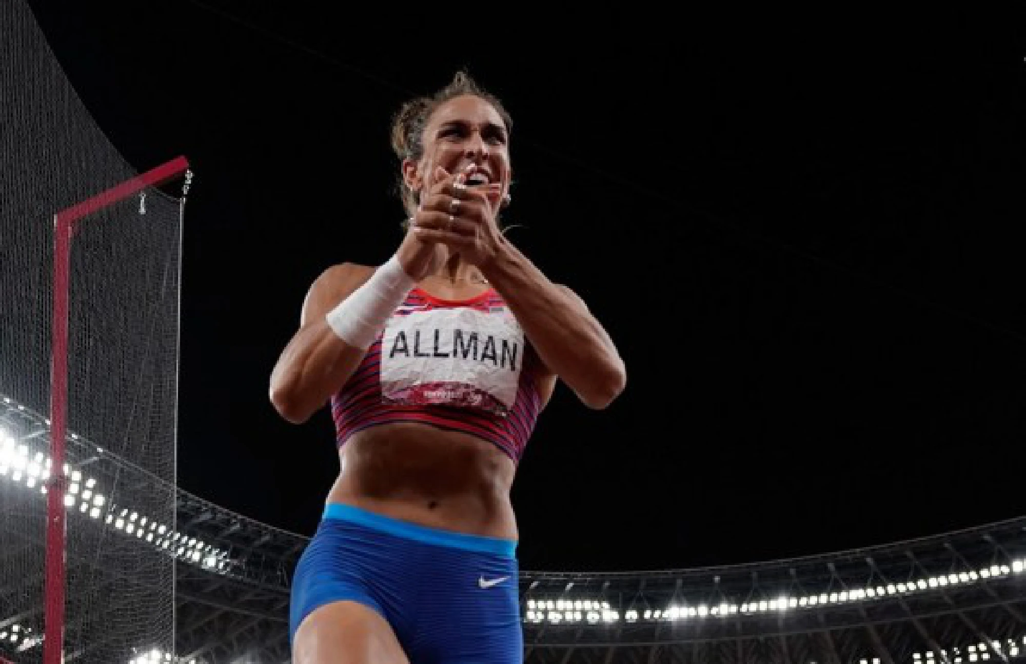 Valarie Allman of the United States reacts during the women's discus throw final at Tokyo 2020 Olympic Games, in Tokyo, Japan, Aug. 2, 2021. 