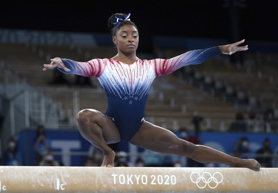 Simone Biles of the United States competes during the artistic gymnastics women's balance beam final at the Tokyo 2020 Olympic Games in Tokyo, Japan, Aug. 3, 2021.