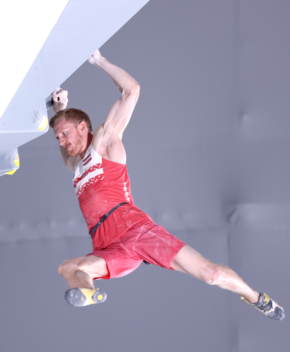 Jakob Schubert of Austria competes during the sport climbing men's combined final at the Tokyo 2020 Olympic Games in Tokyo, Japan, Aug. 5, 2021. 