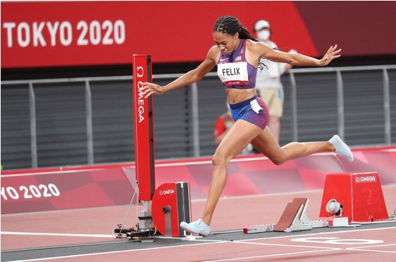 Allyson Felix of the United States competes during the women's 400m final at Tokyo 2020 Olympic Games, Aug. 6, 2021. 