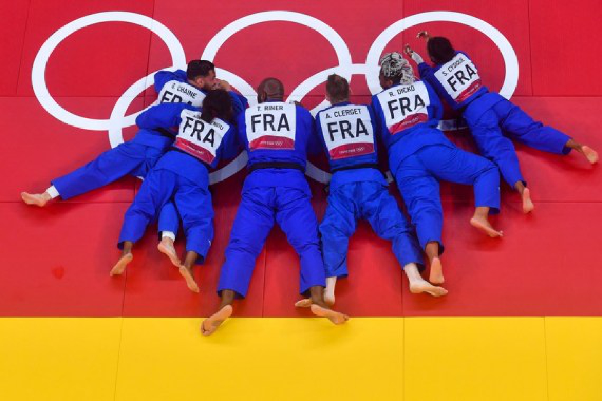  Team France celebrate after winning their Judo Mixed Team Final at Tokyo 2020 Olympic Games in Tokyo, Japan on July 31, 2021
