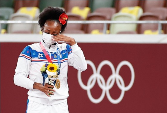 Gold medalist Jasmine Camacho-Quinn of Puerto Rico reacts on the awarding ceremony of the women's 100m hurdle at the Tokyo 2020 Olympic Games in Tokyo, Japan, Aug. 2, 2021