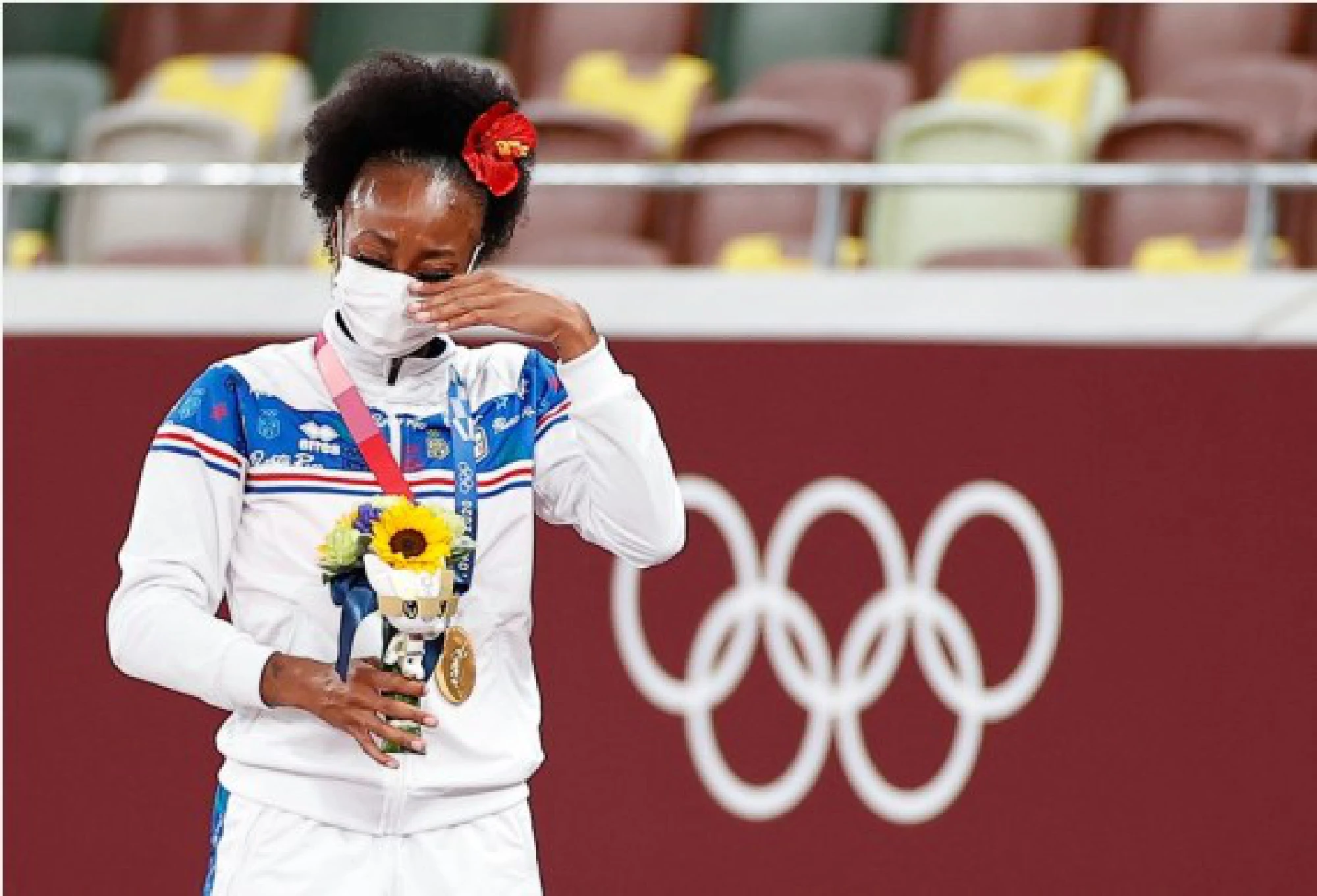 Gold medalist Jasmine Camacho-Quinn of Puerto Rico reacts on the awarding ceremony of the women's 100m hurdle at the Tokyo 2020 Olympic Games in Tokyo, Japan, Aug. 2, 2021