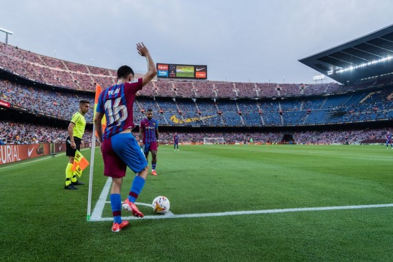 Barcelona's Pedri gets ready for a corner kick during a Spanish La Liga match between FC Barcelona and Real Sociedad in Barcelona, Spain, on Aug. 15, 2021.