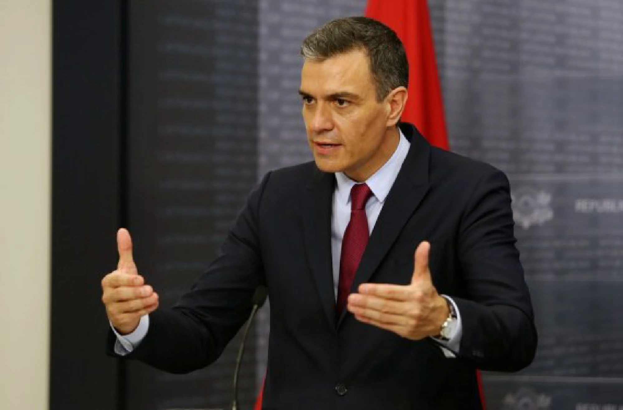 Spanish Prime Minister Pedro Sanchez attends a joint news conference with Latvian Prime Minister Krisjanis Karins (not seen in the picture) in Riga, Latvia, on July 7, 2021. 