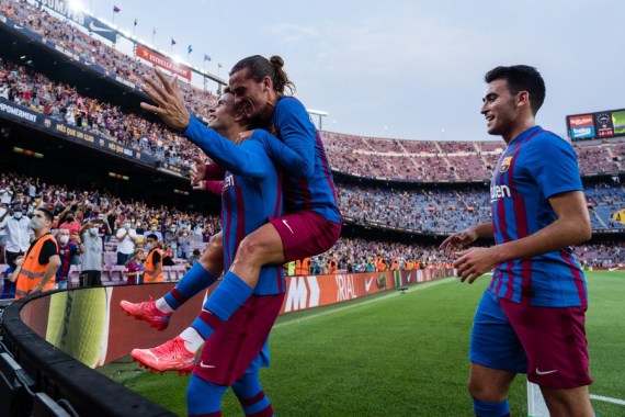 Barcelona's Pedri gets ready for a corner kick during a Spanish La Liga match between FC Barcelona and Real Sociedad in Barcelona, Spain, on Aug. 15, 2021.