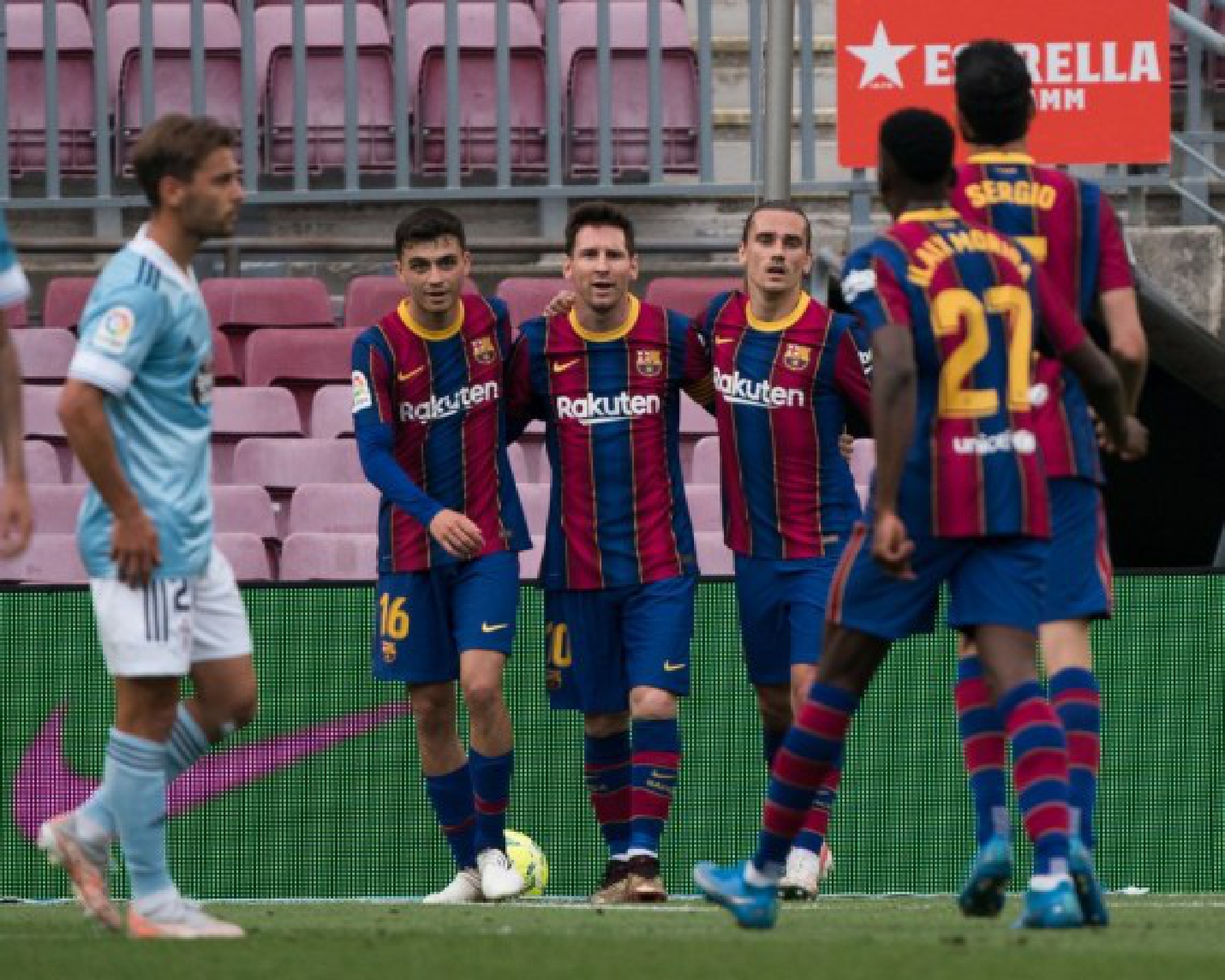 Lionel Messi (3rd L) celebrates after scoring what would prove to be his final goal for Barcelona in a 2-1 home defeat to Celta Vigo on May 16, 2021.