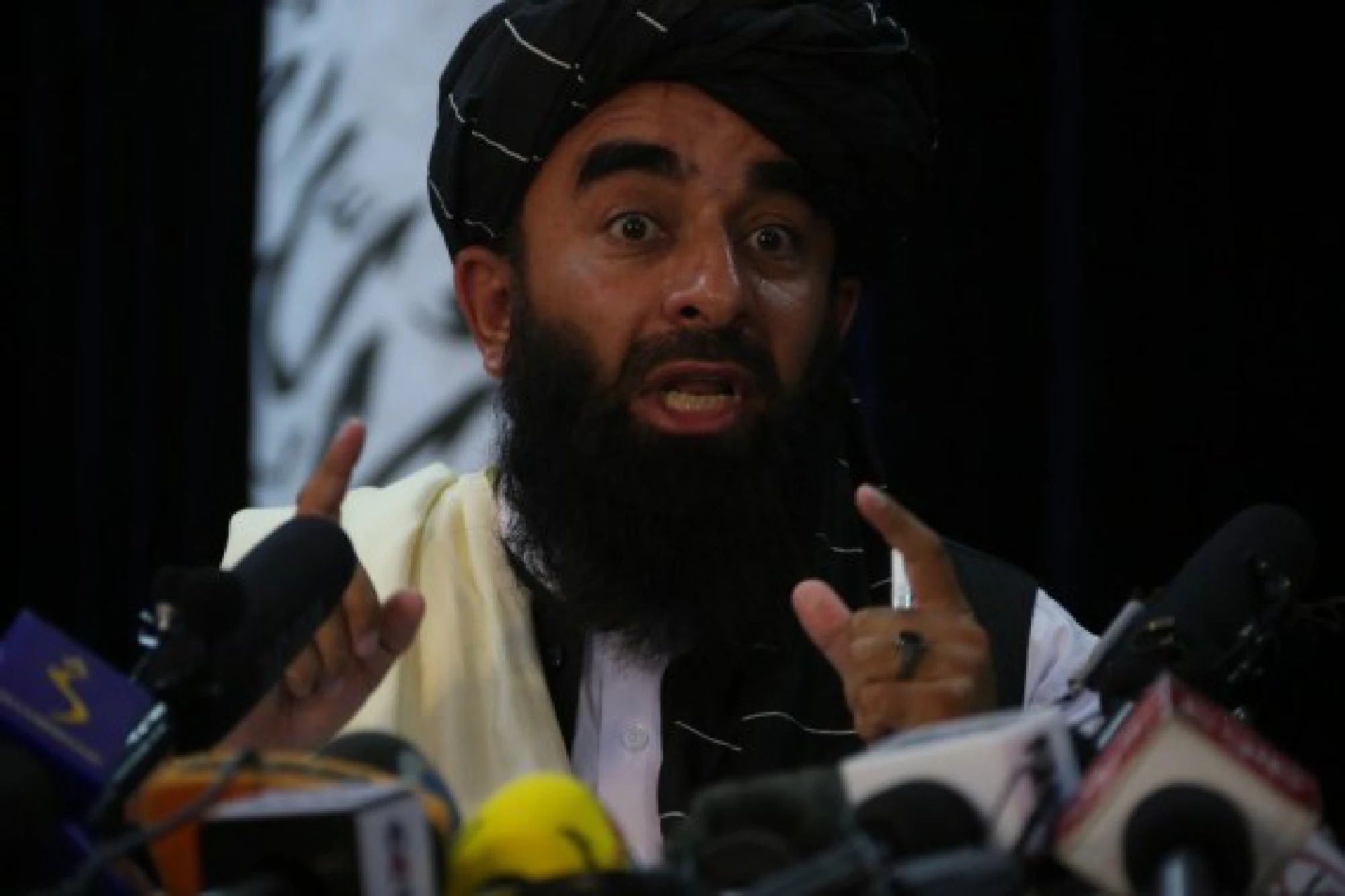 Taliban spokesman Zabihullah Mujahid addresses a press conference in Kabul, capital of Afghanistan, on Aug. 17, 2021.