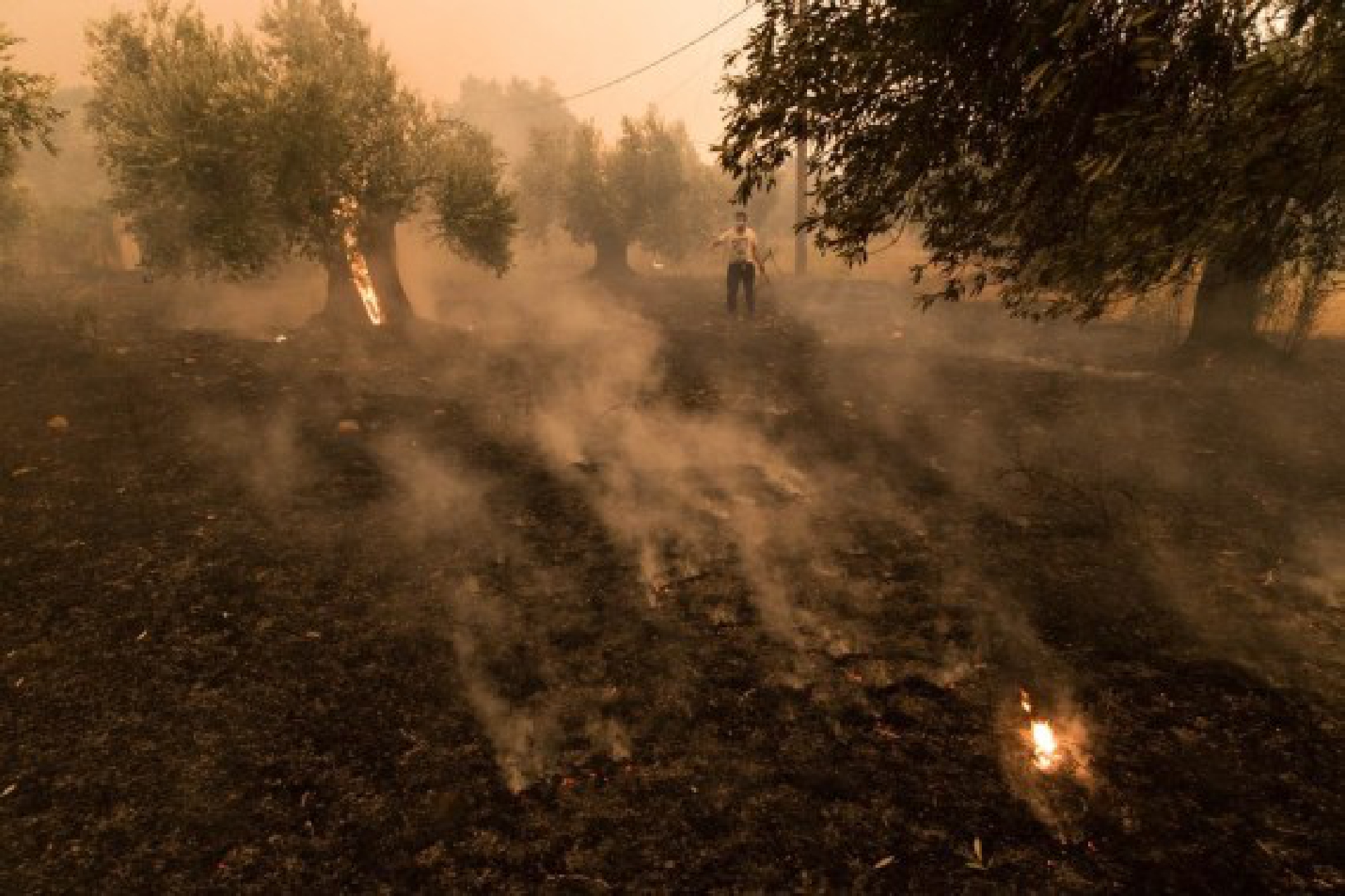 A resident is seen amid the smoke of a wildfire in northern Evia island, Greece, Aug. 8, 2021.