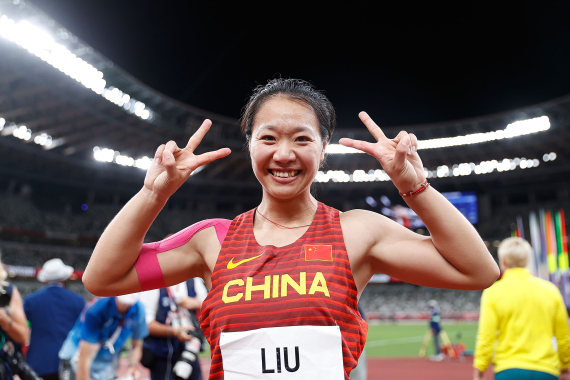 Liu Shiying of China celebrates after winning the women's javelin throw final at Tokyo 2020 Olympic Games, in Tokyo, Japan, Aug. 6, 2021.