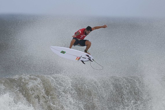 Italo Ferreira of Brazil competes during the men's surfing match at Tsurigasaki Surfing Beach in Chiba Prefecture, Japan, July 27, 2021. 