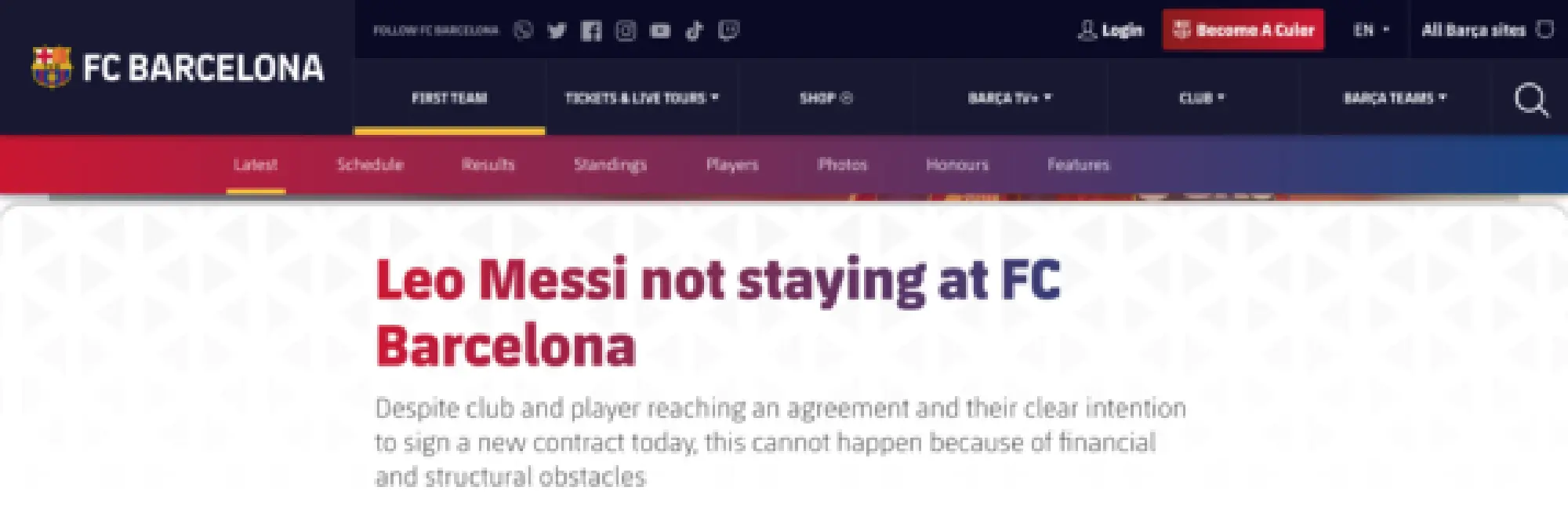 Screenshot of the statement from the FC Barcelona's official website.