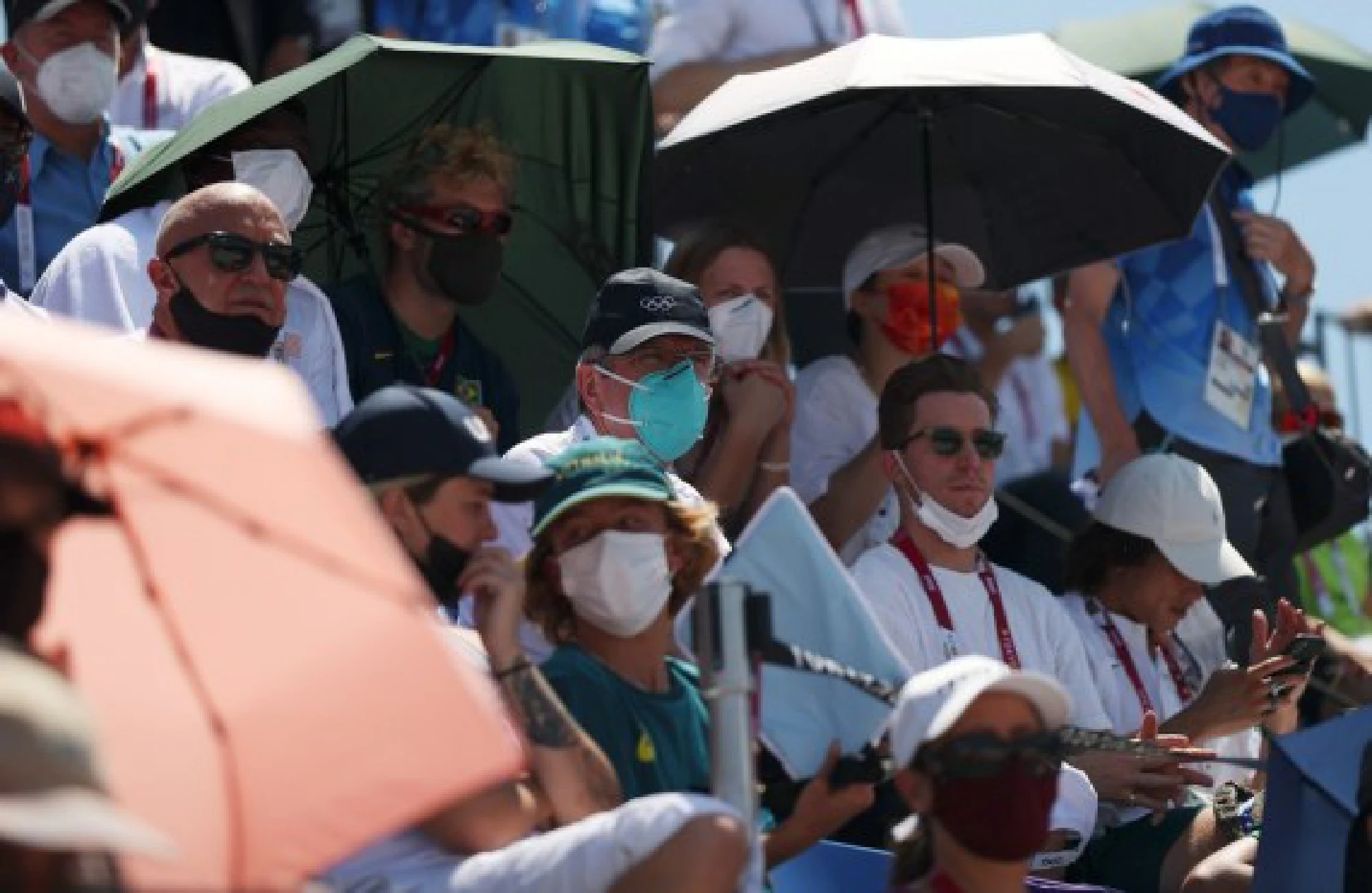International Olympic Committee (IOC) President Thomas Bach watches the match of women's park final of skateboarding at the Tokyo 2020 Olympic Games in Tokyo, Japan, Aug. 4, 2021. 