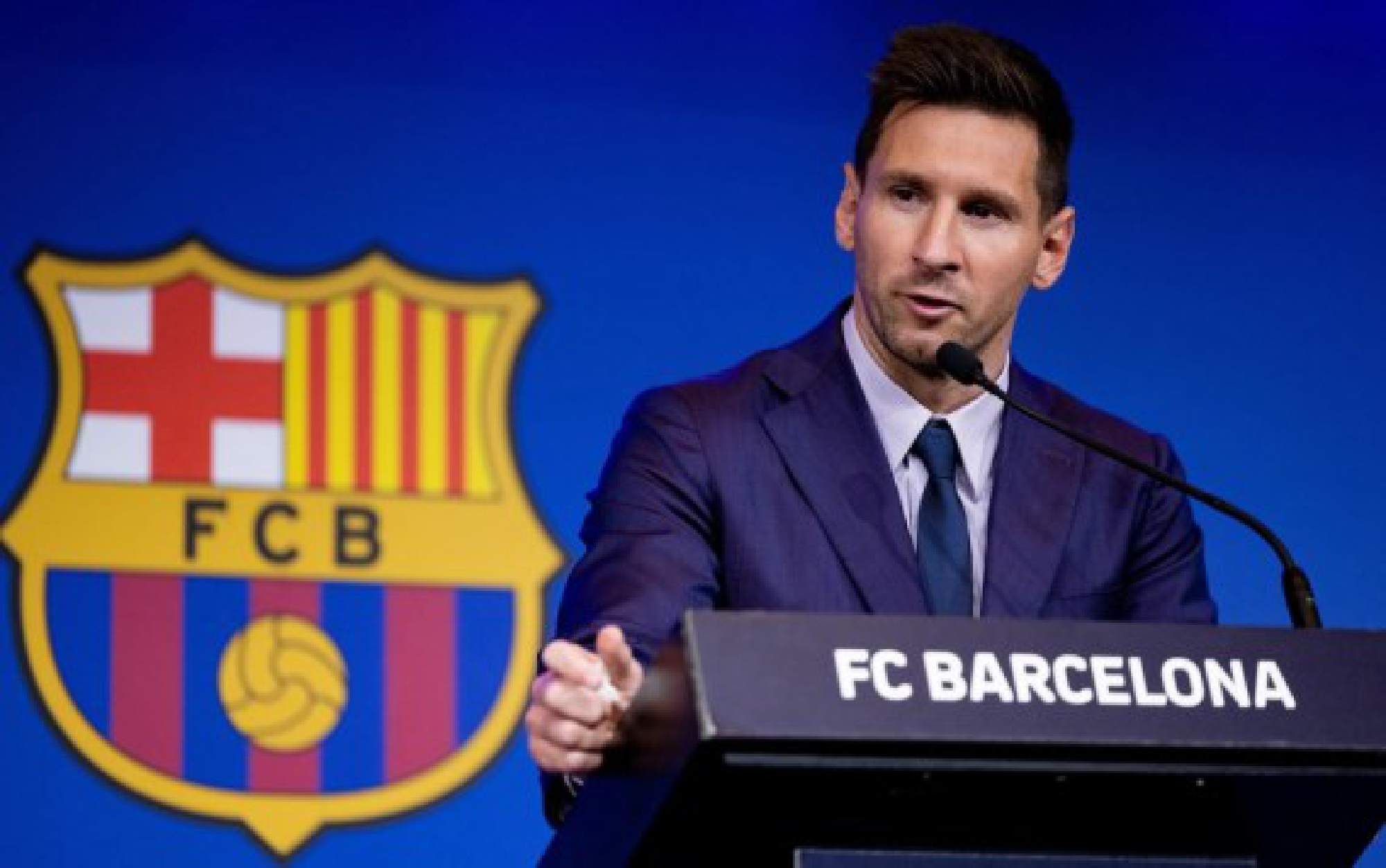 Lionel Messi speaks during a press conference at the Camp Nou Stadium in Barcelona, Spain, Aug. 8, 2021.