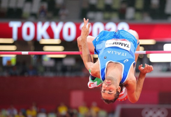 Gianmarco Tamberi of Italy on his way to winning gold in the men's high jump at Tokyo 2020, Aug. 1, 2021.