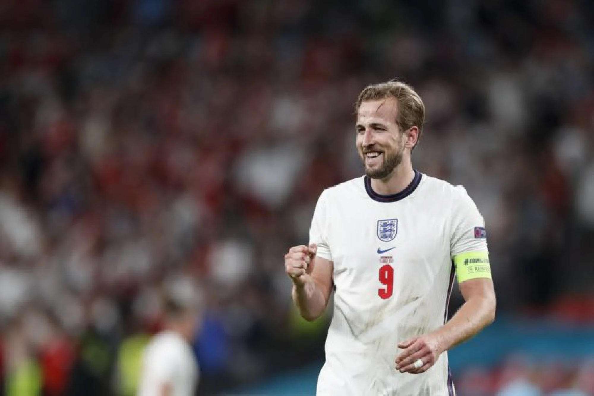 England's Harry Kane celebrates after winning the semifinal against Denmark at the UEFA EURO 2020 in London, Britain, on July 7, 2021.