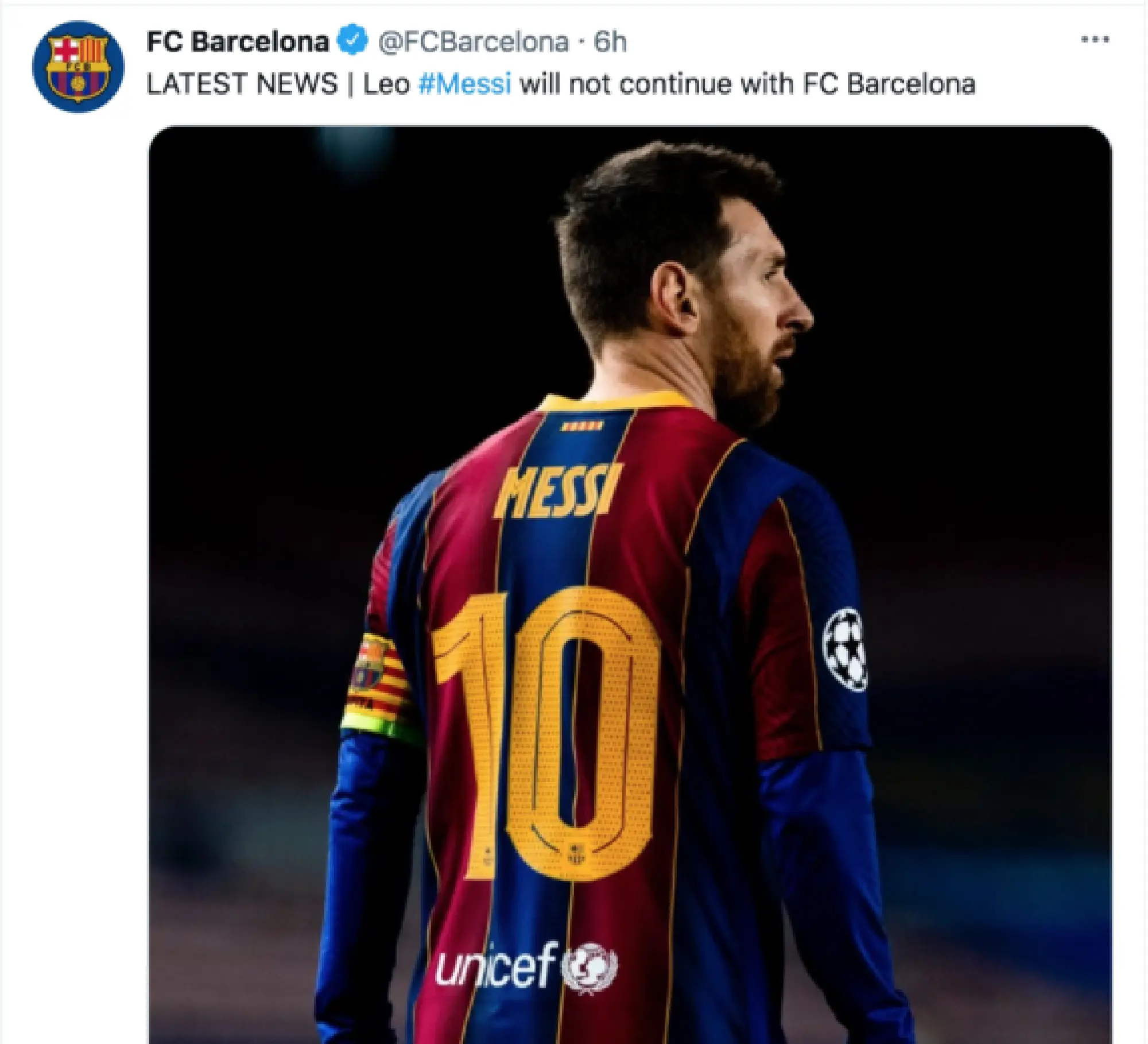 Screenshot from the FC Barcelona's official twitter account on announcing Messi's leave.