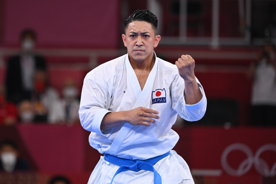 Kiyuna Ryo of Japan competes during the Men's Kata Final Bout of karate at Tokyo 2020 Olympic Games in Tokyo, Japan, Aug. 6, 2021. 