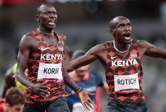 Emmanuel Kipkurui Korir (L) and Ferguson Cheruiyot Rotich of Kenya react after the men's 800m final at the Tokyo 2020 Olympic Games in Tokyo, Japan, Aug. 4, 2021.