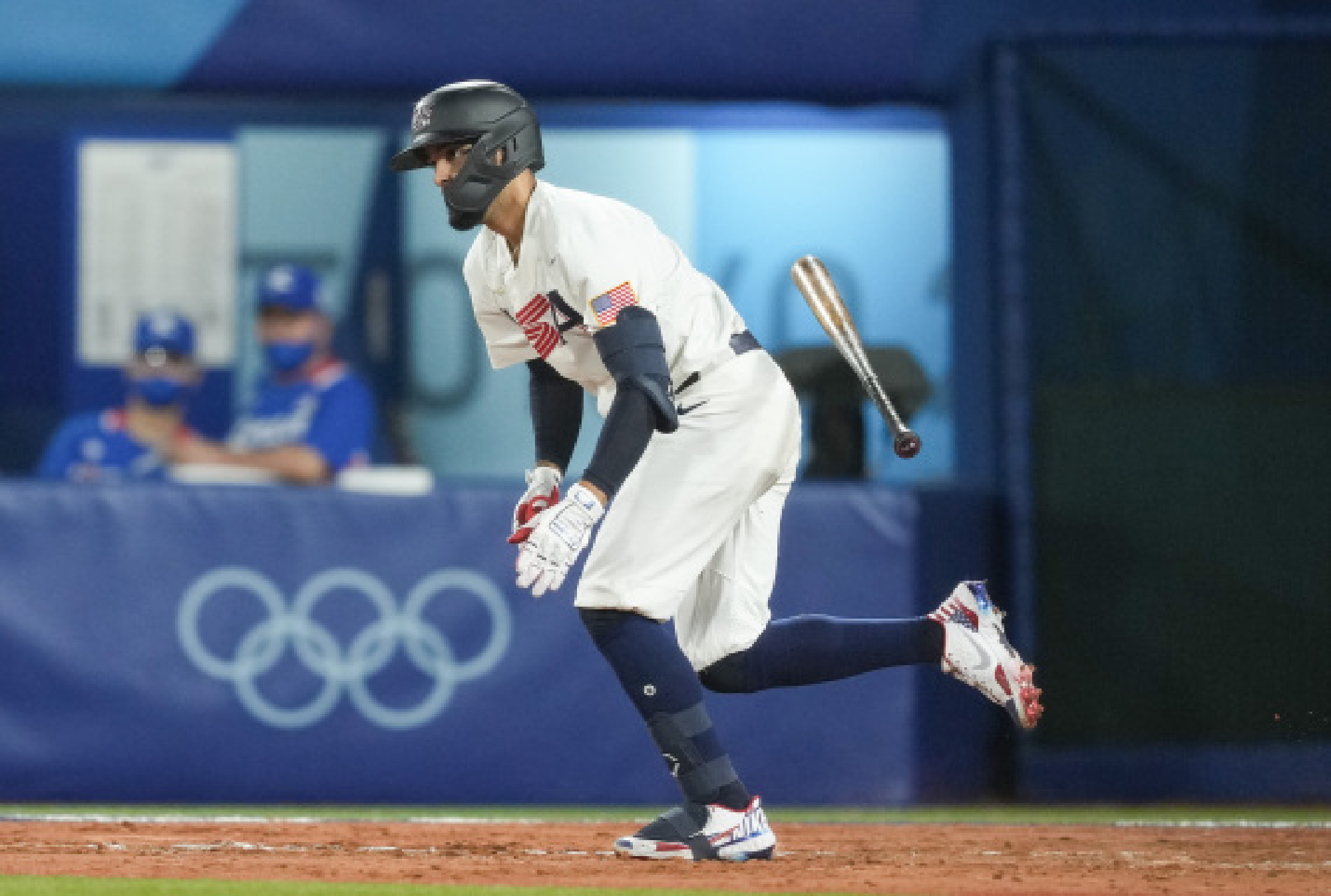 Jack Lopez of the United States competes during the baseball semifinal match between the United States and South Korea at the Tokyo 2020 Olympic Games in Yokohama, Japan, on Aug. 5, 2021.