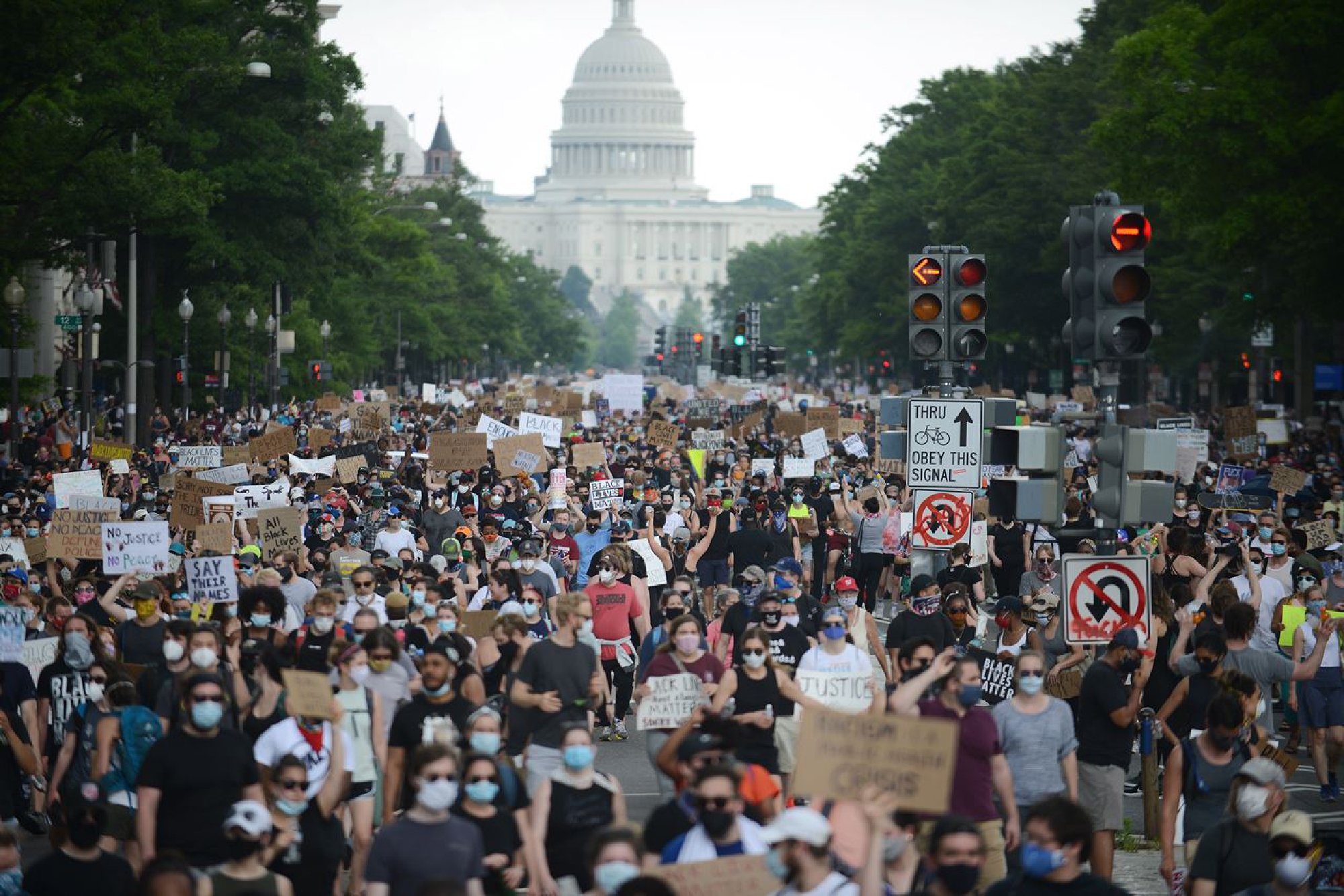 WASHINGTON, DC - JUNE 6: Civil rights advocates march in Washington, D.C., June 6, 2020, to mourn black lives taken by Police brutality. George Floyd, an unarmed black man was killed in police custody late May. His death prompted continuing and mostly peaceful mass demonstrations across the U.S. MUST CREDIT: Photo by Astrid Riecken for The Washington Post