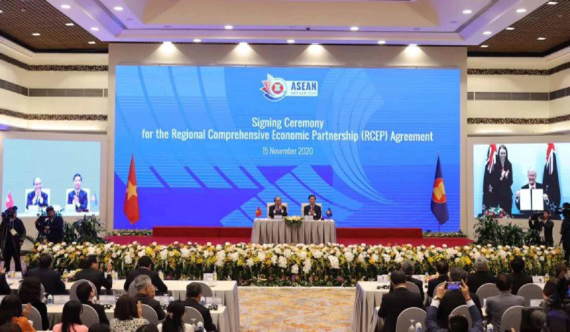 The signing ceremony of the Regional Comprehensive Economic Partnership (RCEP) agreement is held via video conference in Hanoi, capital of Vietnam, Nov. 15, 2020. 
