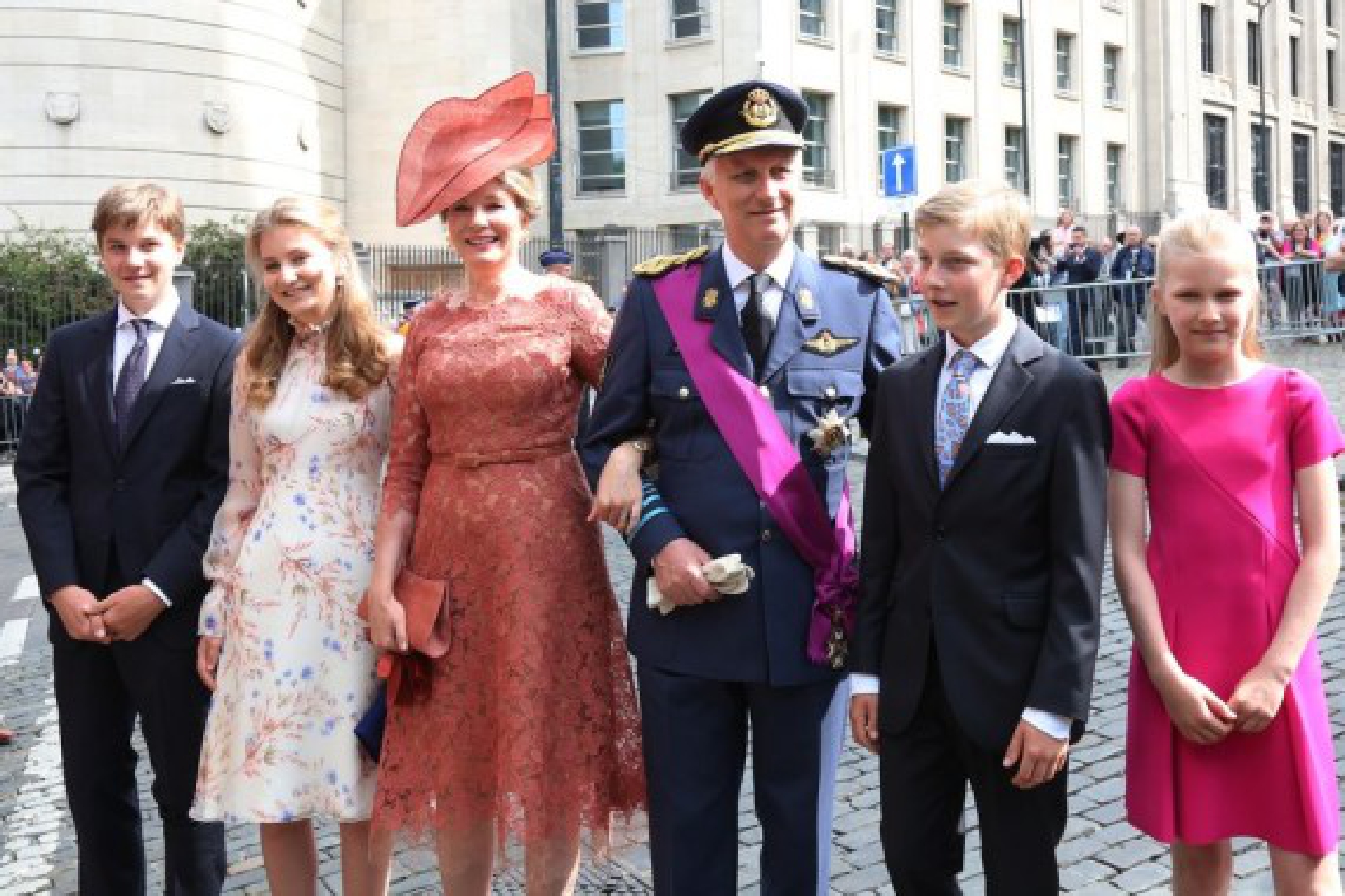 King Philippe (3rd R), Queen Mathilde (3rd L), and their children Crown Princess Elisabeth (2nd L), Prince Gabriel (1st L), Princess Eleonore (1st R), and Prince Emmanuel (2nd R) attend the Belgian National Day celebrations in Brussels, Belgium, July 21, 2019