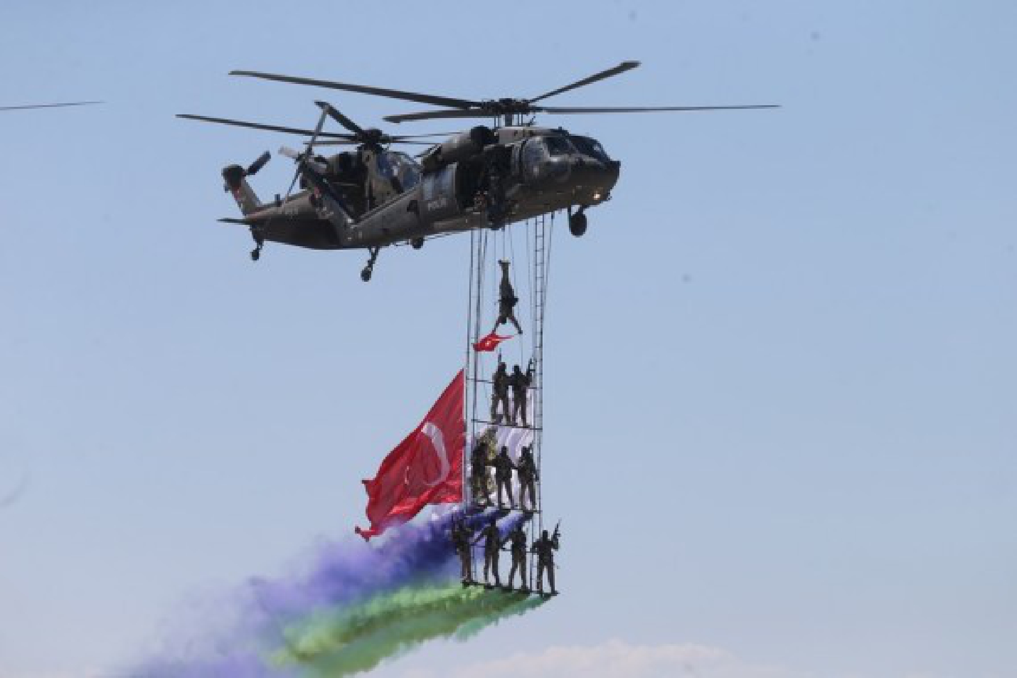 A helicopter performs during the Sivrihisar Airshow 2021 in Sivrihisar district of Eskisehir in Turkey, on Sept. 12, 2021.