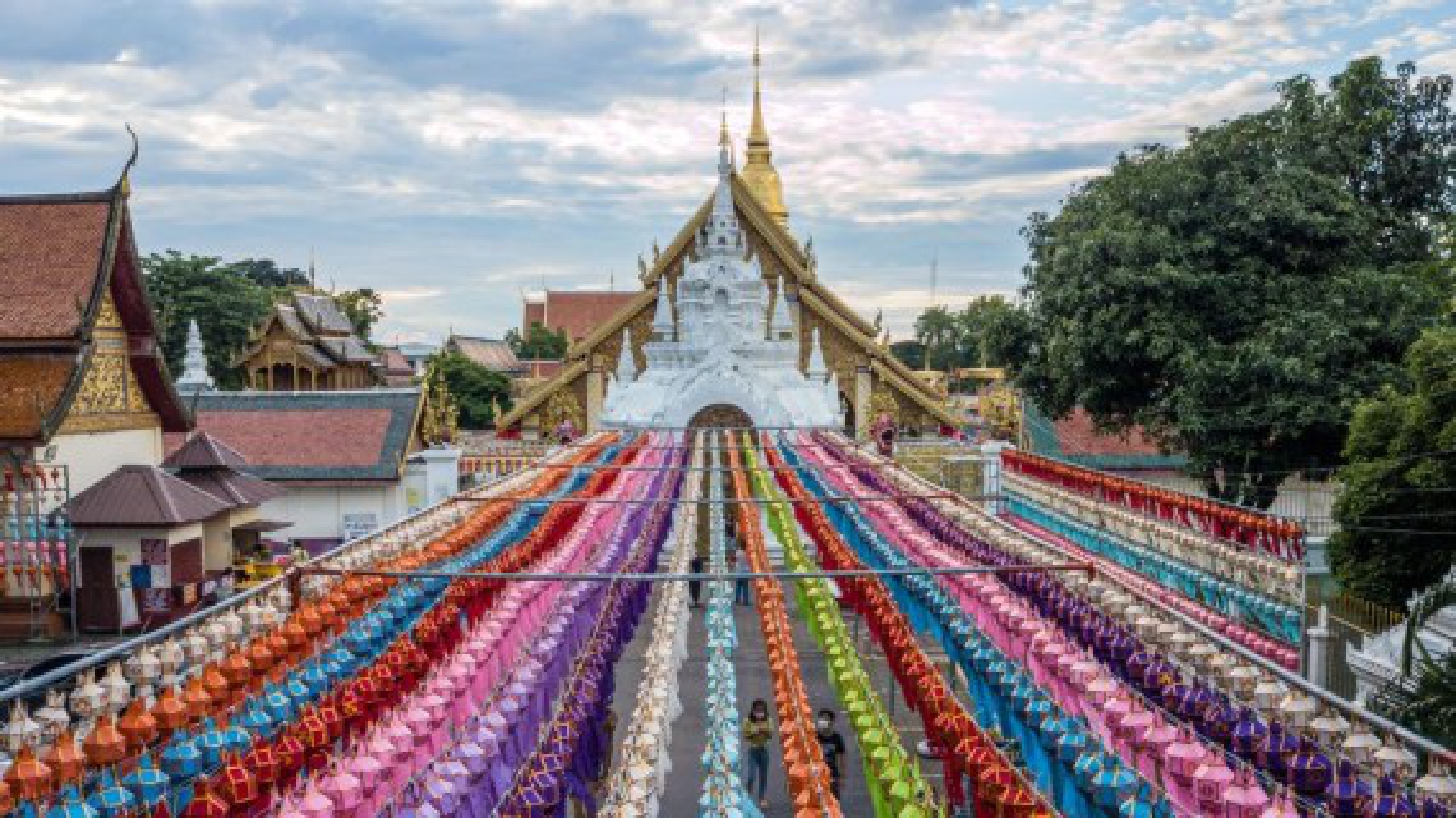 Aerial photo taken on Oct. 25, 2021 shows the colorful lanterns at the Wat Phra That Hariphunchai in Lamphun, Thailand. (Xinhua/Wang Teng)