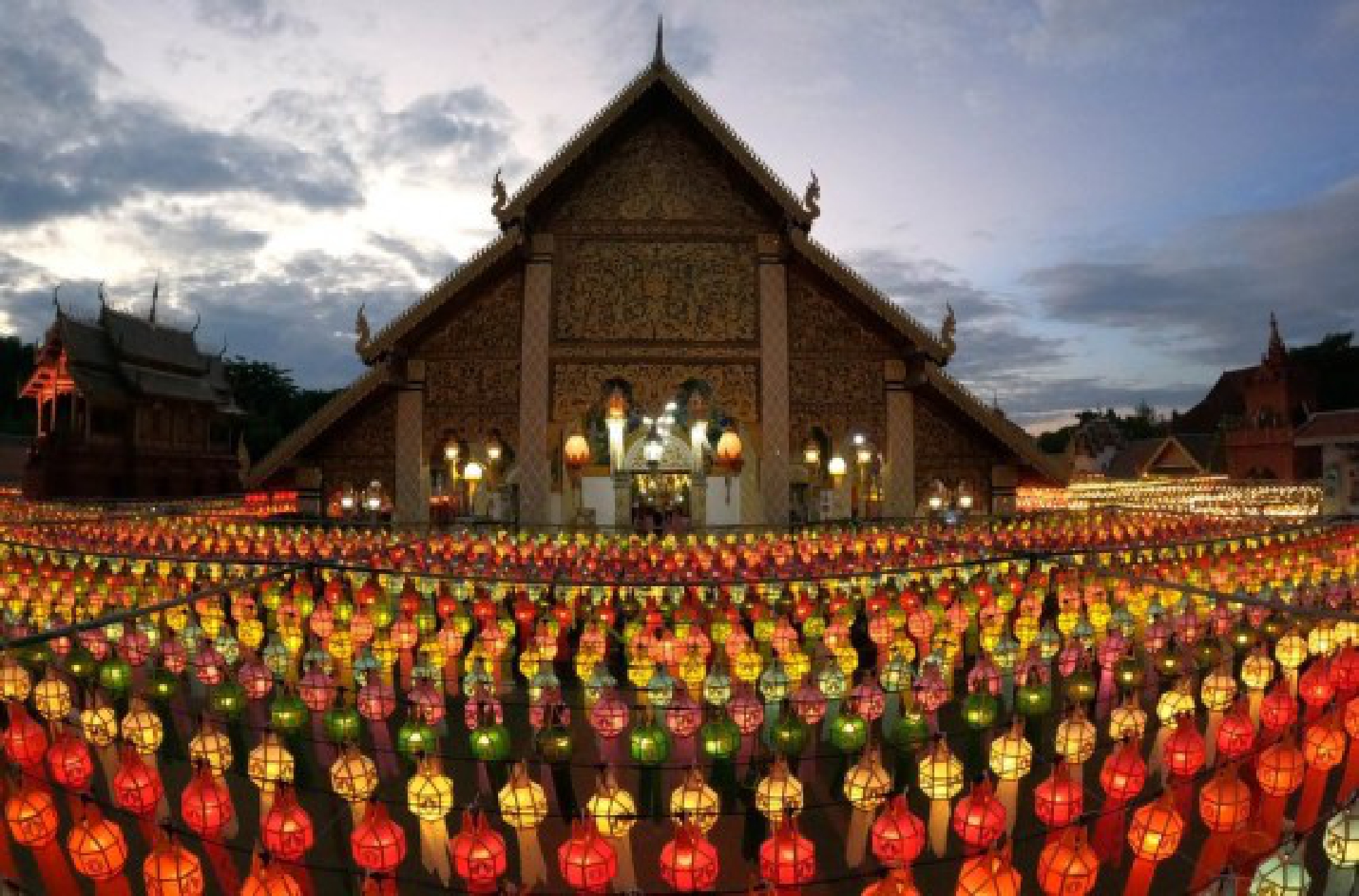 Colorful lanterns are seen at the Wat Phra That Hariphunchai in Lamphun, Thailand, Oct. 25, 2021. (Xinhua/Wang Teng)