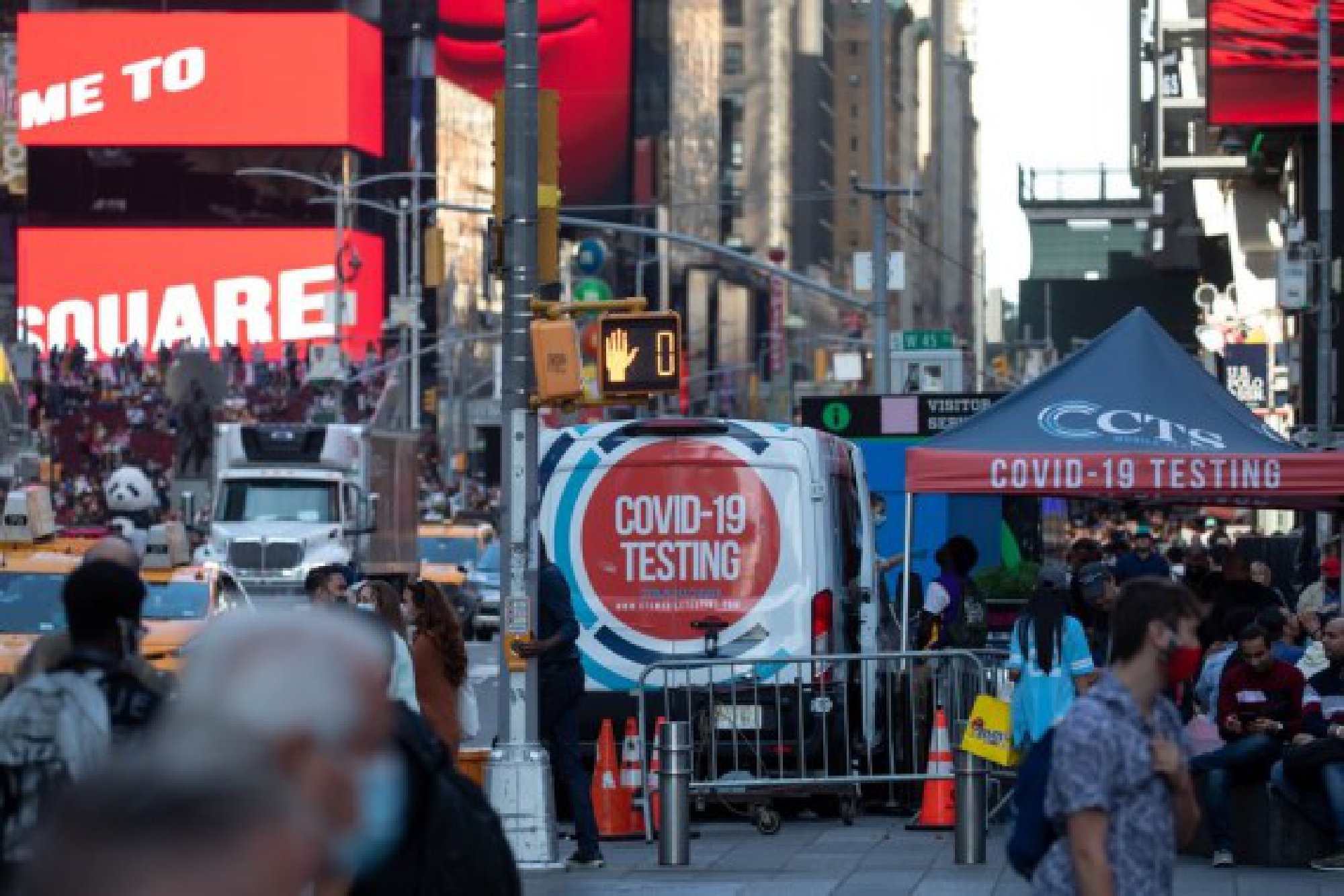A COVID-19 testing van is parked at Times Square in New York, the United States, Oct. 2, 2021. (Photo by Michael Nagle/Xinhua)