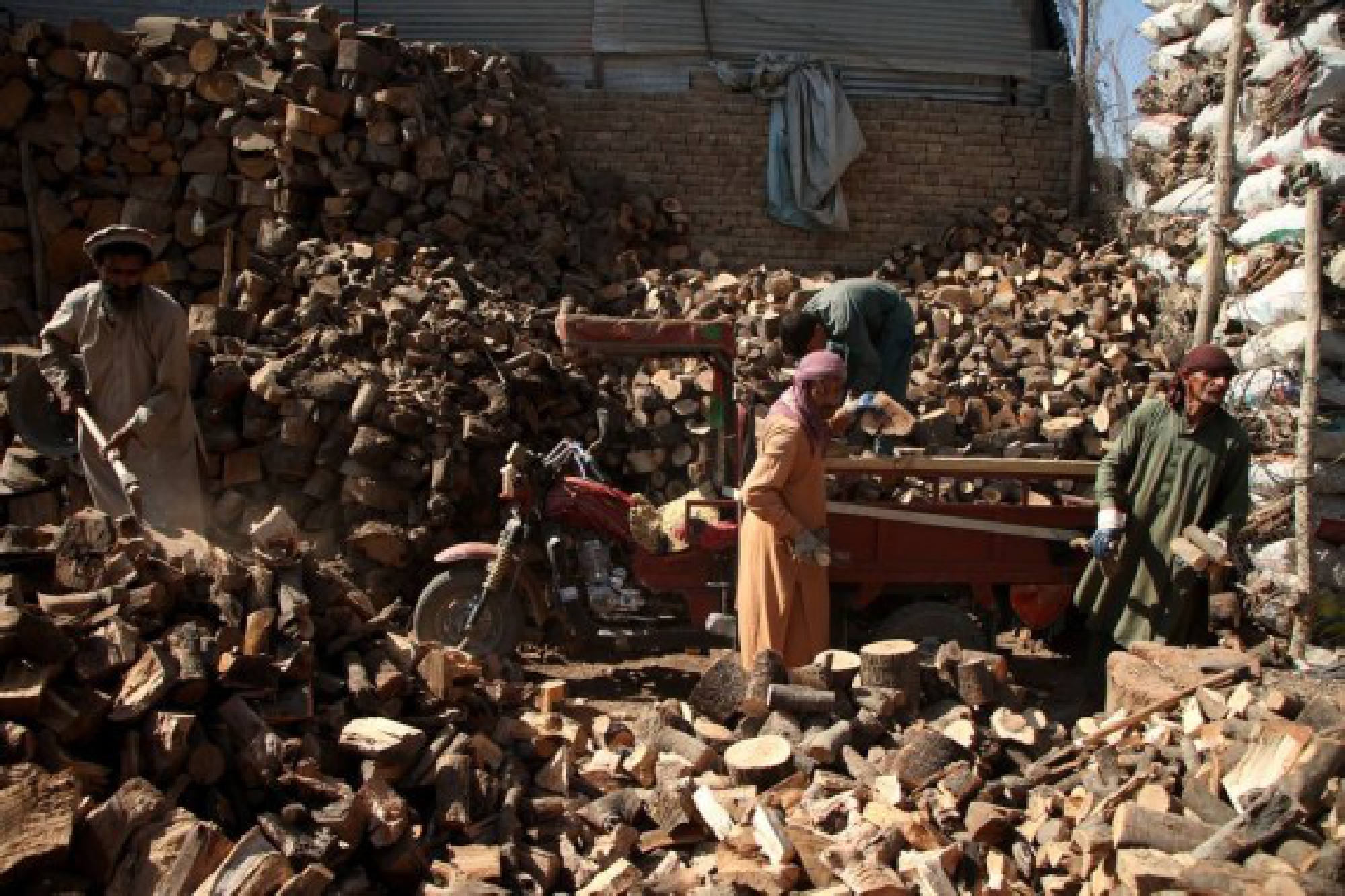 Afghan men work at a wood market in Kabul, Afghanistan, Oct. 17, 2021. (Photo by Saifurahman Safi/Xinhua)