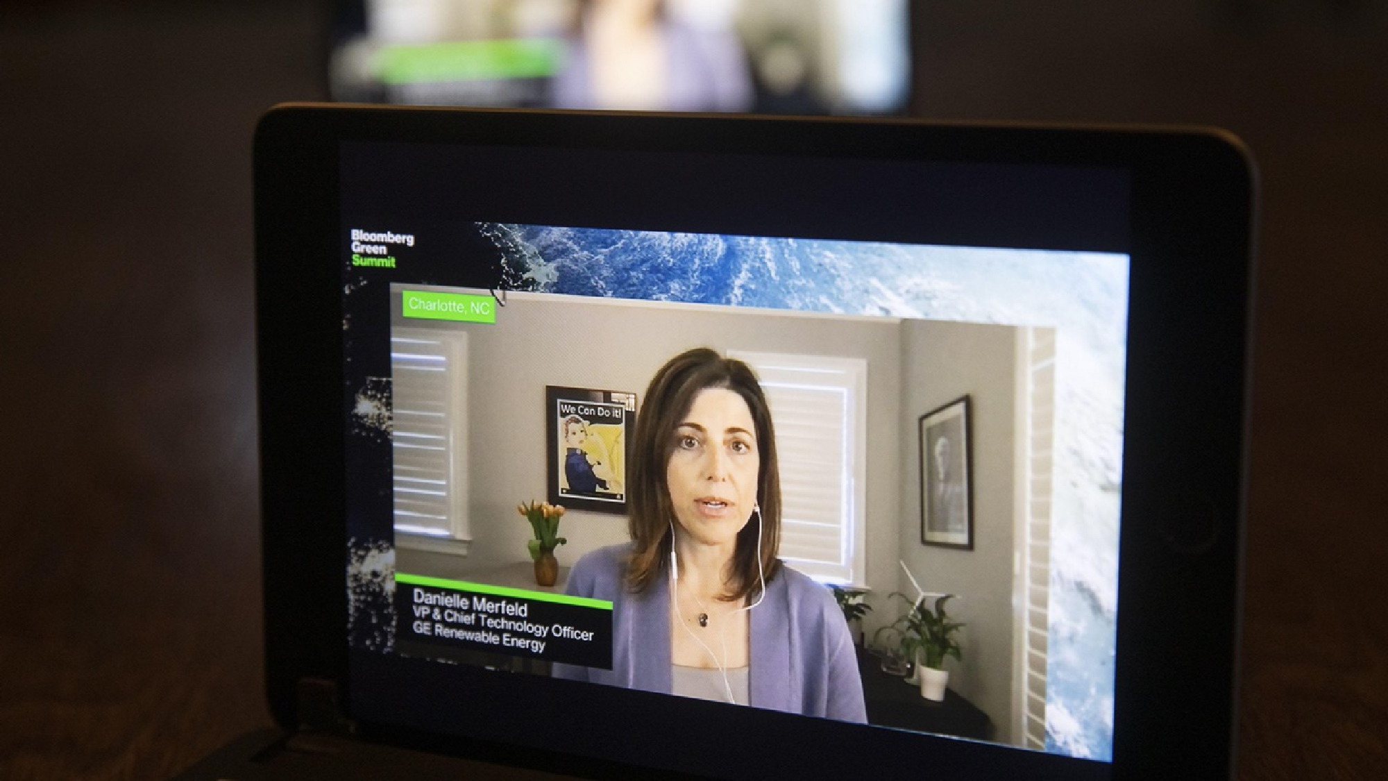 Danielle Merfeld, chief technology officer of GE Renewable Energy, is seen speaking virtually during the Bloomberg Green Summit on April 26, 2021. MUST CREDIT: Bloomberg photo by Daniel Acker.
