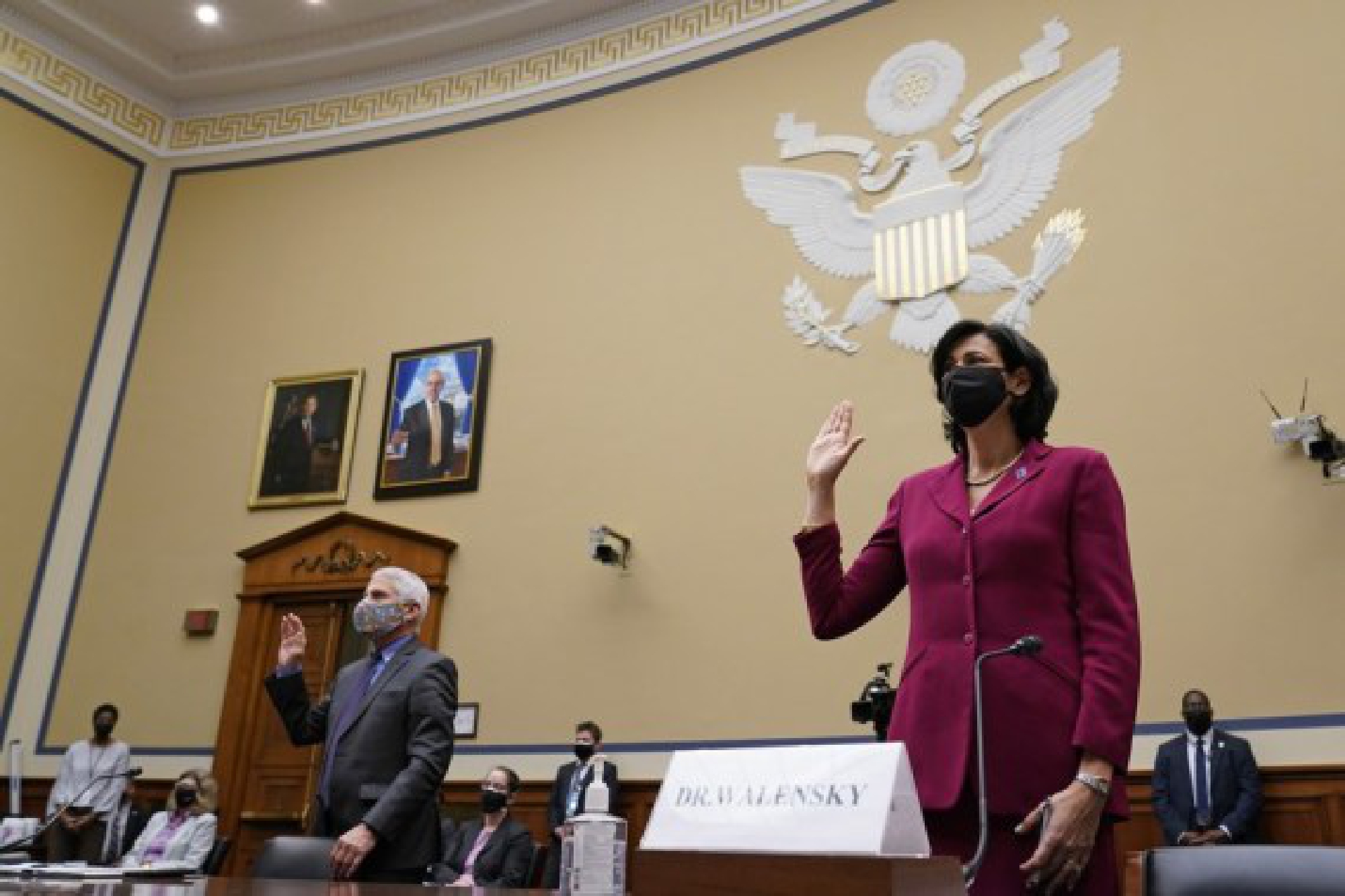 Rochelle Walensky (R), director of the U.S. Centers for Disease Control and Prevention (CDC), is sworn in before testifying at a hearing of U.S. House Select Subcommittee on the Coronavirus Crisis in Washington, D.C., the United States, on April 15, 2021. (Susan Walsh/Pool via Xinhua)