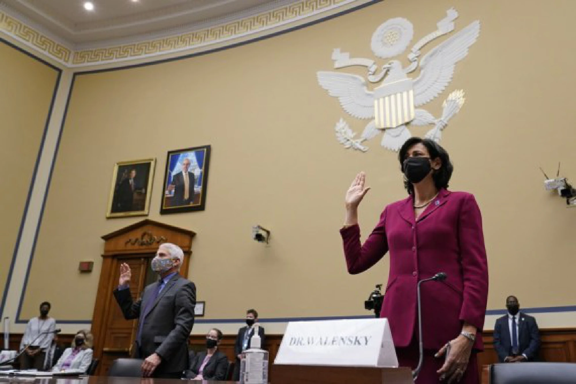 Rochelle Walensky (R), director of the U.S. Centers for Disease Control and Prevention (CDC), is sworn in before testifying at a hearing of U.S. House Select Subcommittee on the Coronavirus Crisis in Washington, D.C., the United States, on April 15, 2021. (Susan Walsh/Pool via Xinhua)
