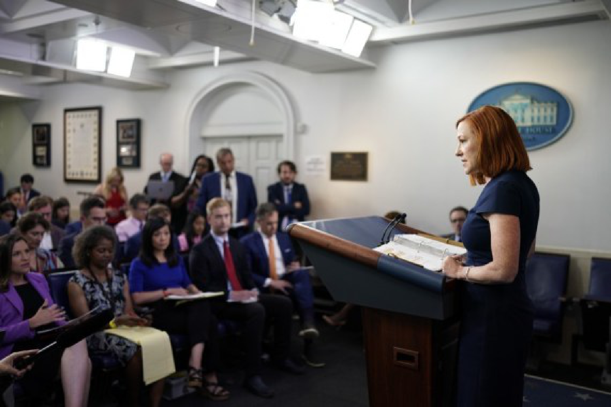 White House Press Secretary Jen Psaki (1st R) speaks during a press briefing at the White House in Washington, D.C., the United States, on June 8, 2021. (Photo by Ting Shen/Xinhua)