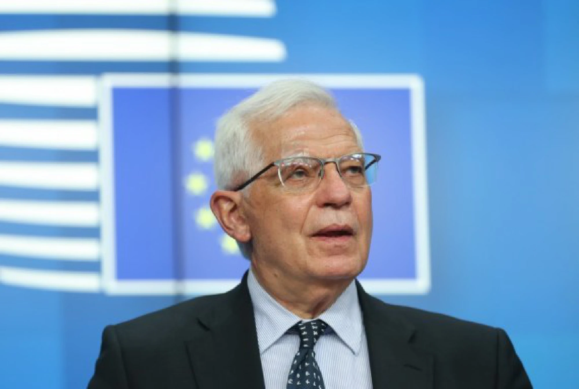 Josep Borrell speaks at a press briefing after the EU foreign ministers' video conference on the Middle East situation at the EU headquarters in Brussels, Belgium, May 18, 2021. (European Union/Handout via Xinhua)