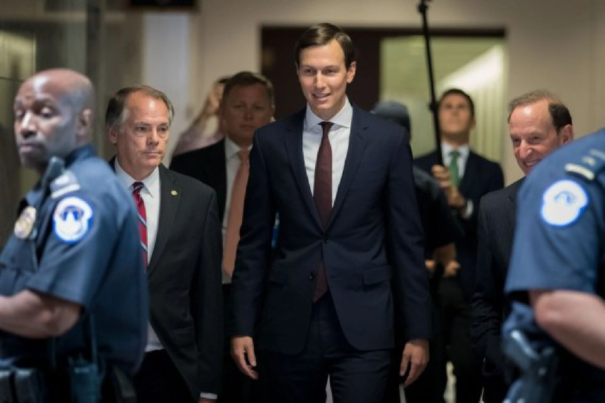 Former White House Senior Advisor Jared Kushner (C) leaves after testifying at a closed-door hearing before the Senate Intelligence Committee on Capitol Hill in Washington D.C., the United States, on July 24, 2017. (Xinhua/Ting Shen)