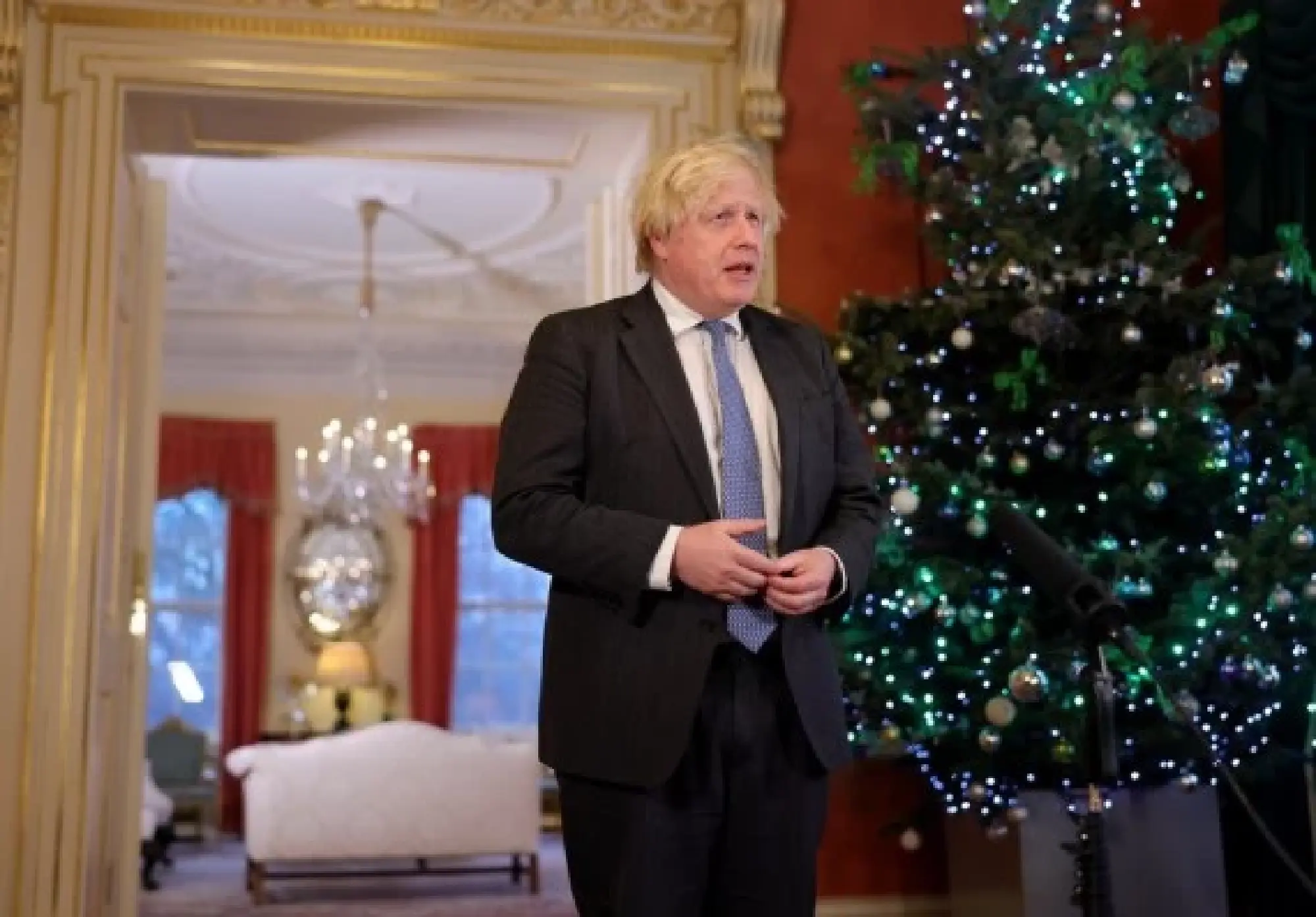 British Prime Minister Boris Johnson records a video in London, Britain, Dec. 21, 2021.  (Andrew Parsons/No 10 Downing Street/Handout via Xinhua)