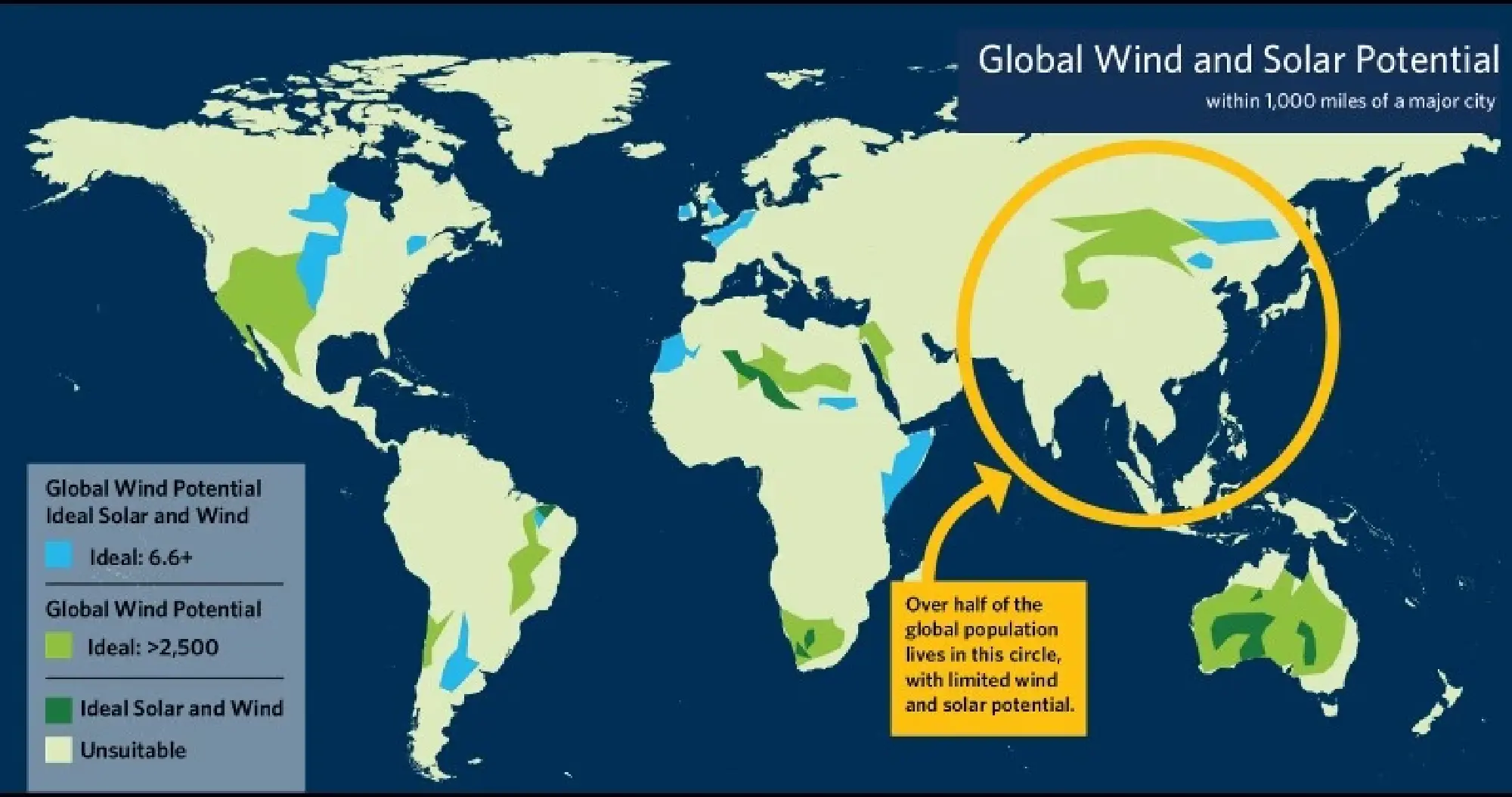 Many parts of Asia are challenged by limited access to locations that can generate substantial solar or wind power. (Source: Peter Zeihan https://zeihan.com/disunited-nations-maps/)