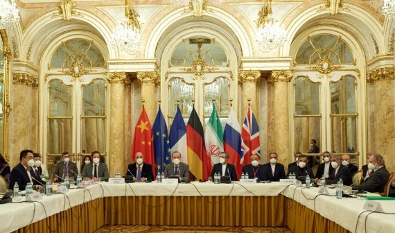 Photo taken on Nov 29, 2021 shows a meeting of the Joint Commission on the Joint Comprehensive Plan of Action (JCPOA) in Vienna, Austria. (EU Delegation Vienna/Handout via Xinhua)