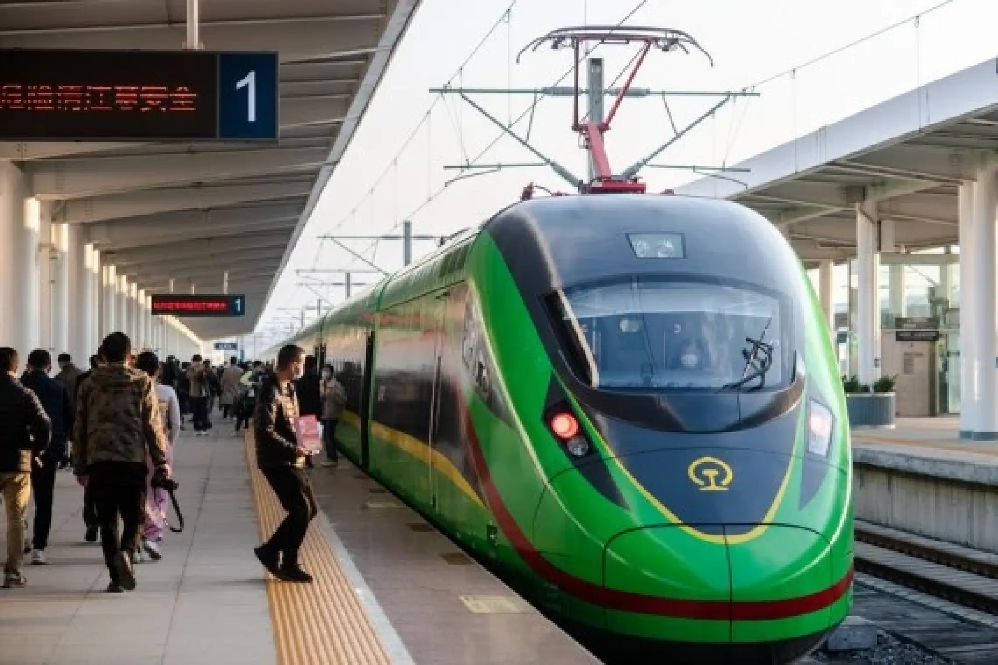 An electric multiple unit (EMU) train of the China-Laos Railway arrives at Yuxi Railway Station in Yuxi, southwest China's Yunnan Province, Dec. 3, 2021. The China-Laos Railway started operation on Friday. (Xinhua/Hu Chao)