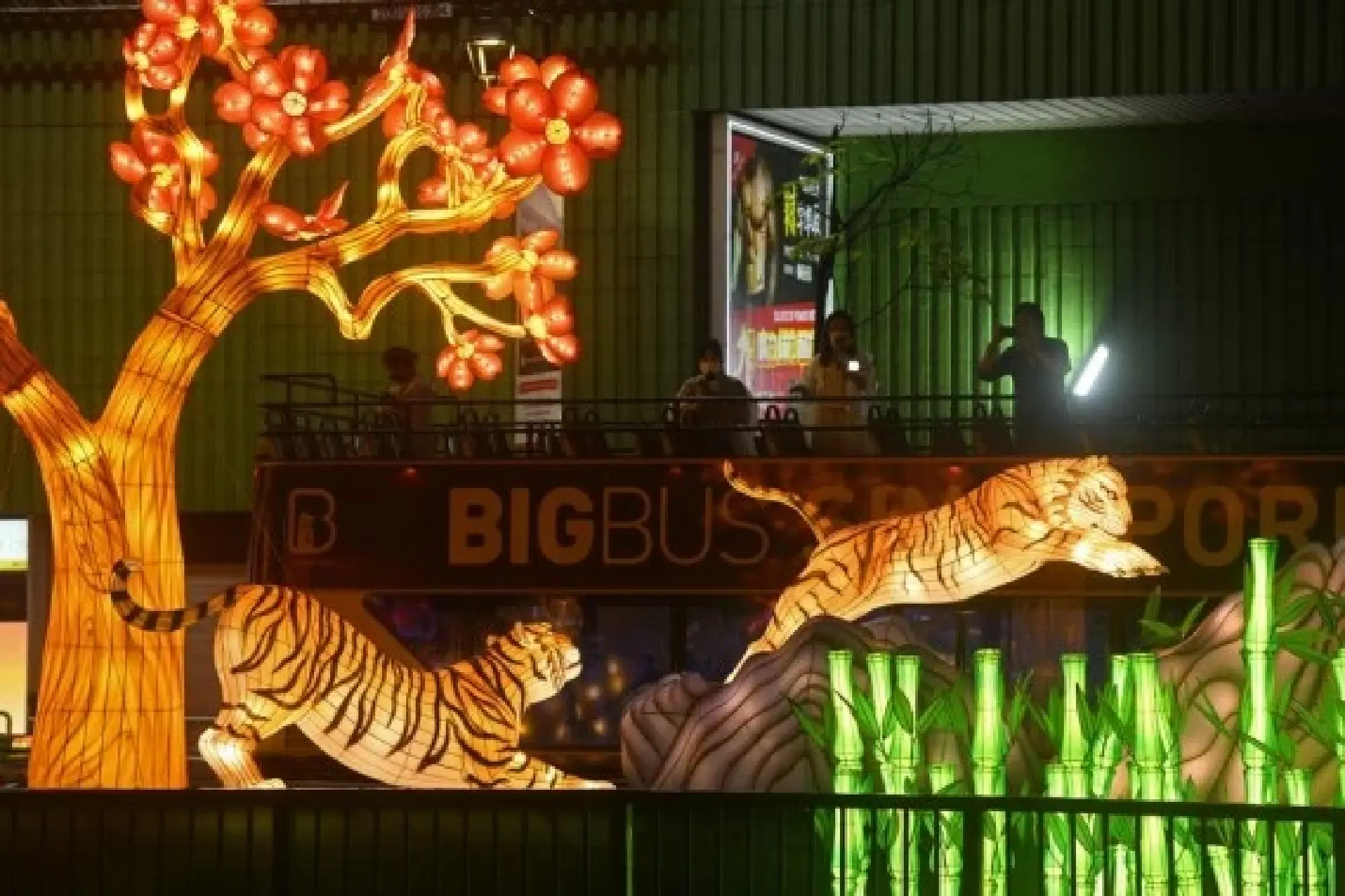 People view the tiger-themed lantern decorations celebrating the upcoming Chinese New Year, the Year of the Tiger, at Singapore's Chinatown area, Jan. 7, 2022. (Photo by Then Chih Wey/Xinhua)