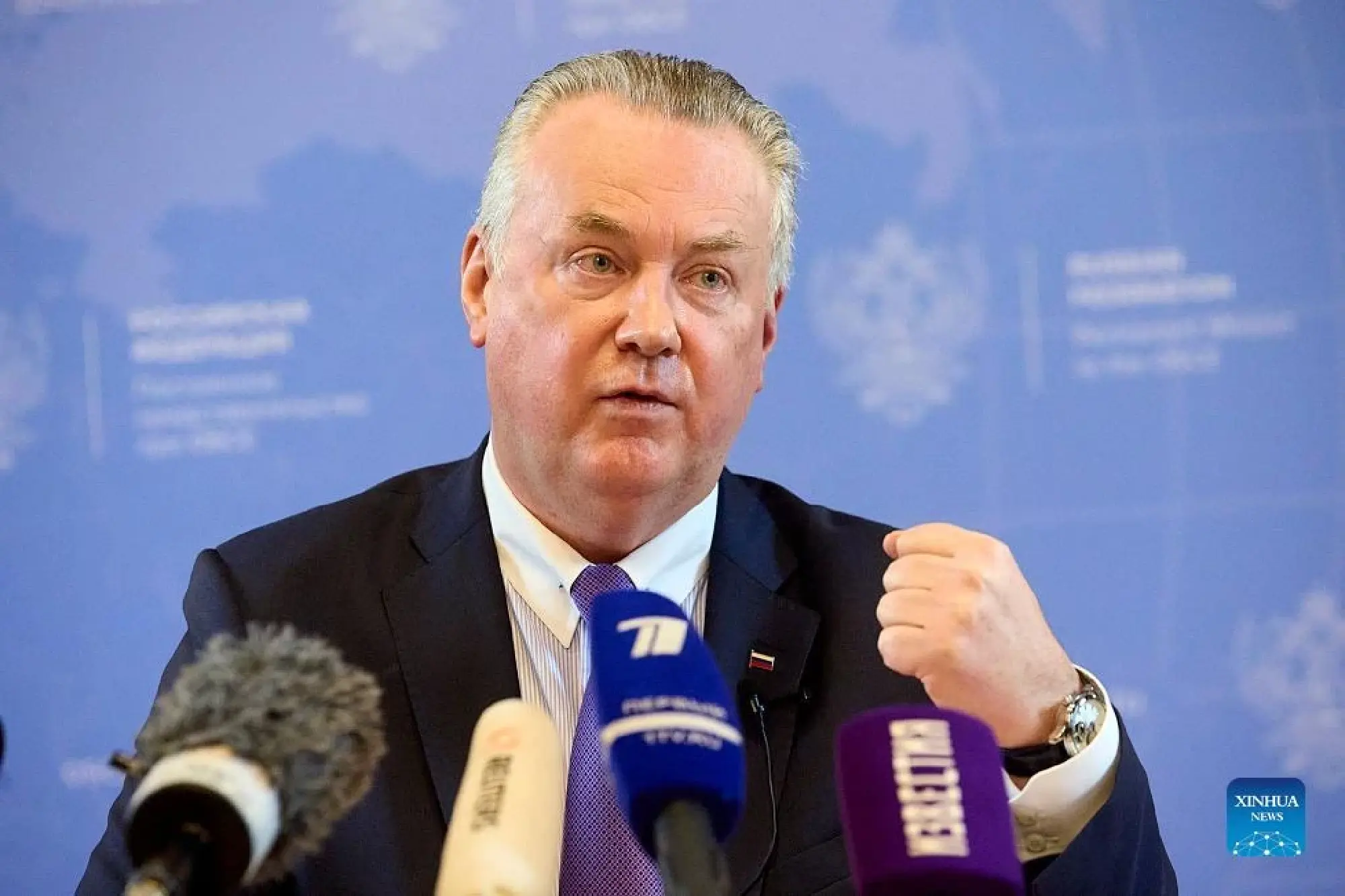 Alexander Lukashevich, Russia's permanent representative to the Organization for Security and Cooperation in Europe (OSCE), speaks to reporters in Vienna, Austria, on Jan. 13, 2022. The latest round of talks aimed at defusing tensions between Russia and the West within the framework of the Organization for Security and Cooperation in Europe (OSCE) ended here on Thursday without a breakthrough as both sides warned of potential escalation. (Photo by Georges Schneider/Xinhua)