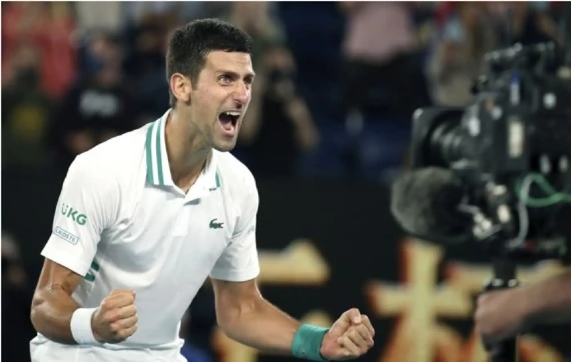 Novak Djokovic celebrates after winning the men's singles final against Russia's Daniil Medvedev at the Australian Open in Melbourne Park in Melbourne, Australia, Feb. 21, 2021. (Xinhua/Bai Xuefei)