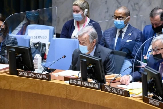 UN Secretary-General Antonio Guterres (C, Front) speaks at a Security Council meeting on cooperation between the United Nations and the Collective Security Treaty Organization at the UN headquarters in New York, on Feb. 16, 2022. (Loey Felipe/UN Photo/Handout via Xinhua)